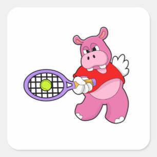 Sticker Carré Hippo au tennis avec raquette de tennis