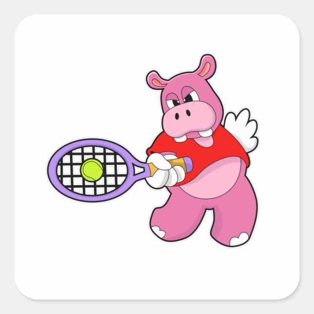 Sticker Carré Hippo au tennis avec raquette de tennis (Devant)