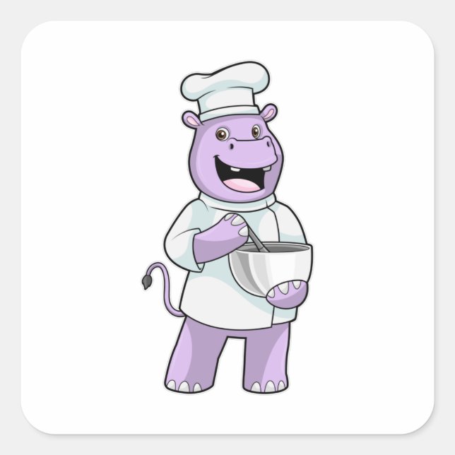 Sticker Carré Hippo comme chef avec bol (Devant)