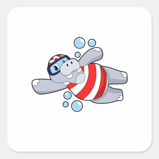 Sticker Carré Hippo comme Plongeur avec lunettes de natation (Devant)