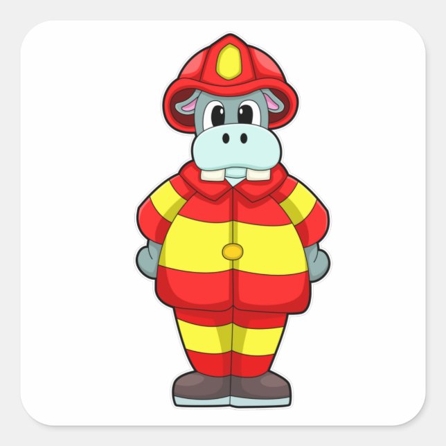 Sticker Carré Hippo comme pompier au service des incendies avec  (Devant)