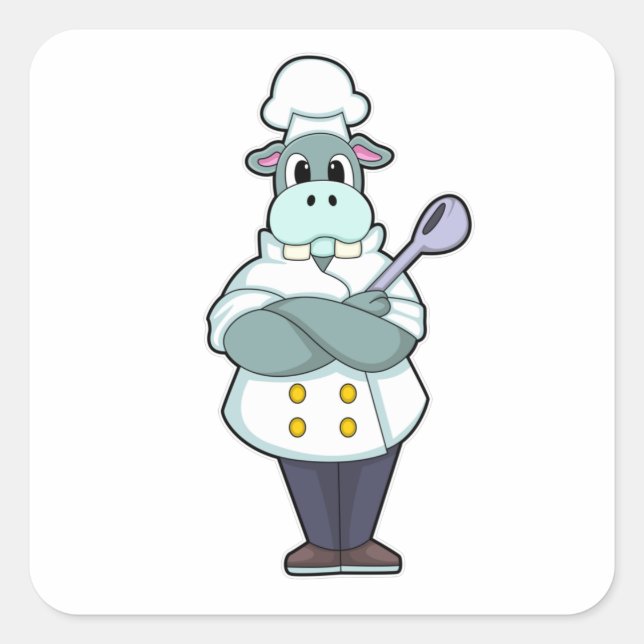 Sticker Carré Hippo cuisiner avec cuillère en bois et tablier de (Devant)