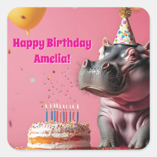 Sticker Carré Hippo d'anniversaire avec gâteau et ballons
