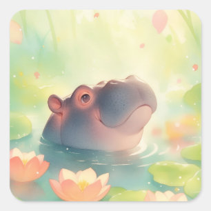 Sticker Carré Hippo étang floral caché dans la forêt