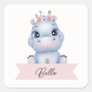 Sticker Carré Hippo fille personnalisée
