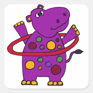 Sticker Carré Hippo violet amusant Jouer Hula Hoop