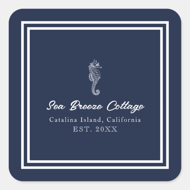 Sticker Carré Hippocampe bleu et blanc (Devant)