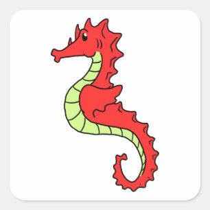Sticker Carré Hippocampe rouge mignon de bande dessinée