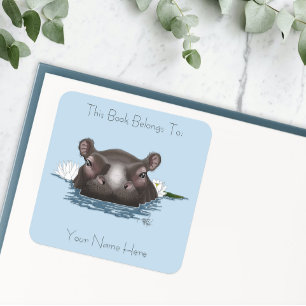Sticker Carré Hippopotame Lotus Blanc Bleu