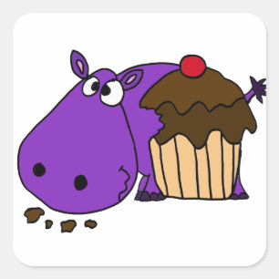 Sticker Carré Hippopotame pourpre drôle mangeant le petit gâteau