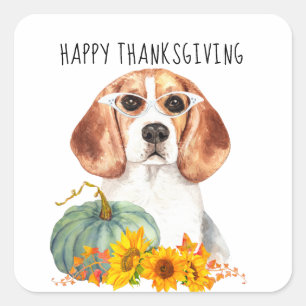 Sticker Carré Hipster Beagle personnalisable Thanksgiving