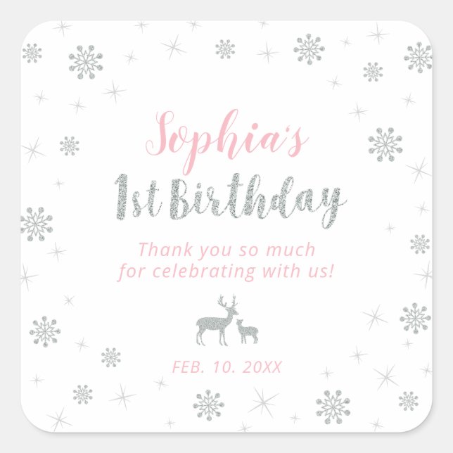 Sticker Carré Hiver, Argent et Rose 1er anniversaire (Devant)