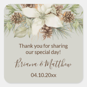 Sticker Carré Hiver Beige Élégant Script Mariage Faveur