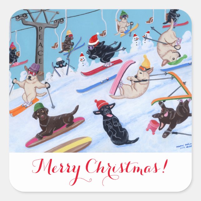 Sticker Carré Hiver Fun Ski Labradors Peinture (Devant)