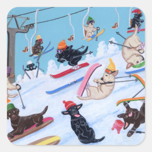 Sticker Carré Hiver Fun Ski Labradors Peinture