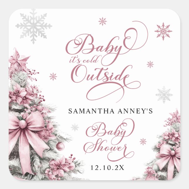 Sticker Carré Hiver Noël Arbres Snowflakes Baby shower rose (Devant)