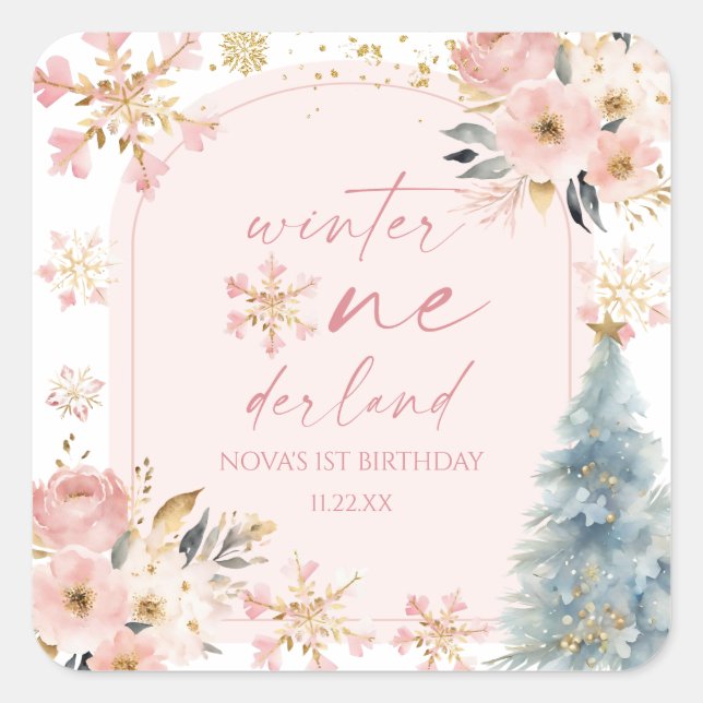 Sticker Carré Hiver Onederland Flocon de neige 1ère fête d'anniv (Devant)