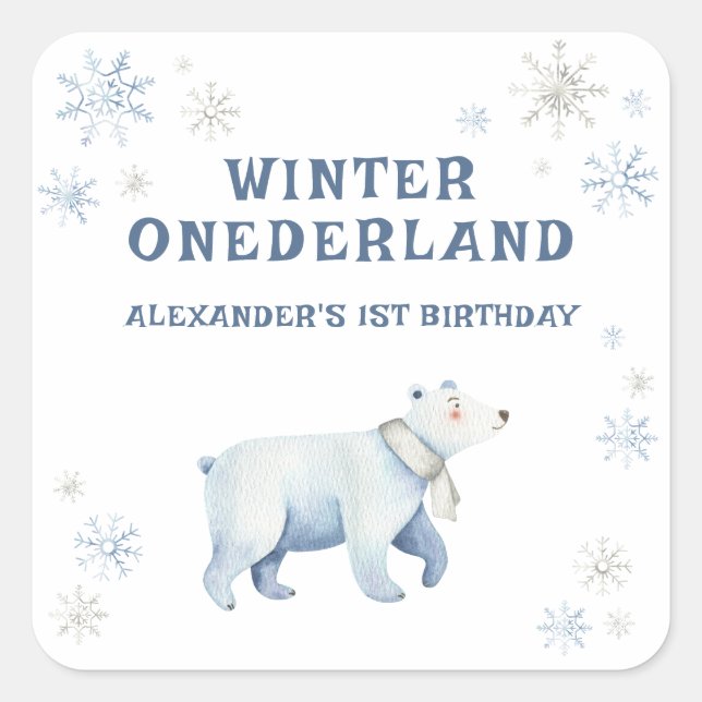 Sticker Carré Hiver Onederland Ours polaire 1er anniversaire (Devant)