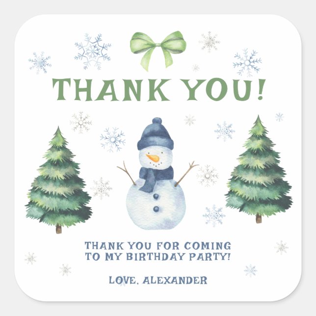 Sticker Carré Hiver Onederland Snowman Anniversaire Merci (Devant)