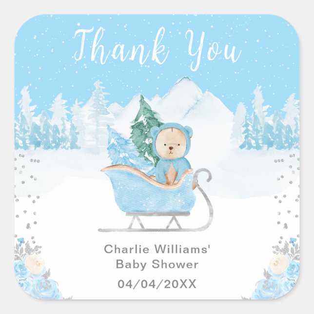 Sticker Carré Hiver Ours Bleu Baby shower coudre Merci (Devant)