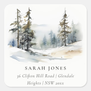 Sticker Carré Hiver Pine Arbre Neige Paysage Aquarelle Adresse