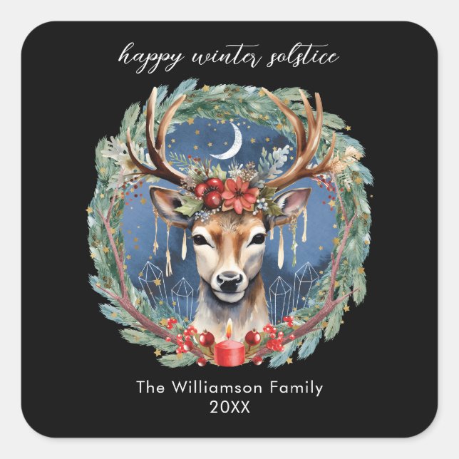 Sticker Carré Hiver Solstice vacances Deer Wreath Yule Noël (Devant)