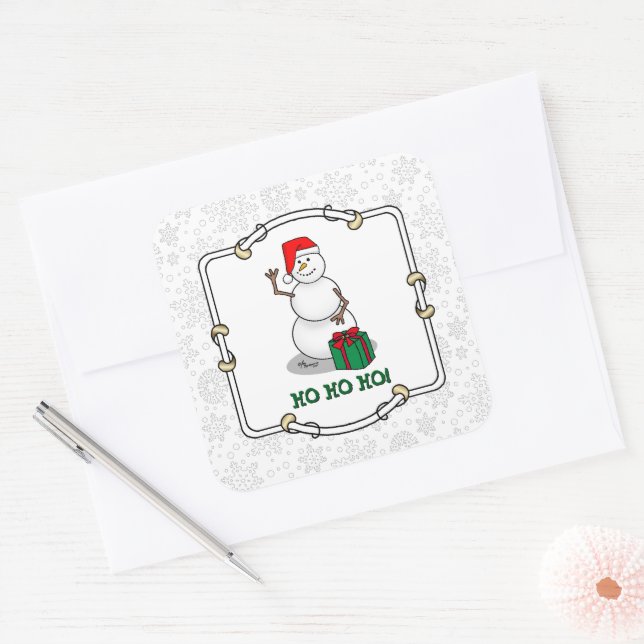 Sticker Carré Ho Ho Joyeux Noël Père Noël mignonne Snowman (Enveloppe)