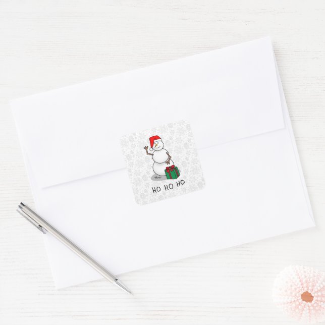 Sticker Carré Ho Ho Joyeux Noël Père Noël mignonne Snowman (Enveloppe)
