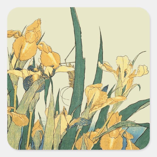 Sticker Carré Hokusai grasshopper et iris Japon (Devant)