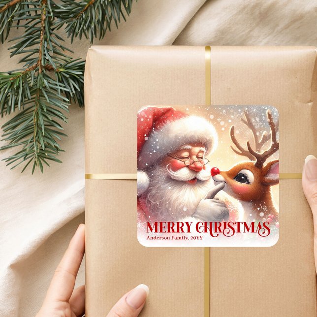 Sticker Carré Holiday Personalized Santa and Rudolph Gift Sticke (Holiday Personalized Santa and Rudolph Gift Sticker)