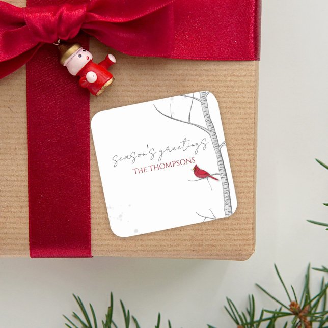 Sticker Carré Holiday Winter Birch Tree Red Cardinal (Season's Greeting simple red cardinal holiday sticker with a simple white speckles background)