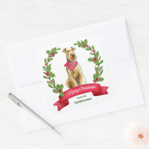 Sticker Carré Holly Banner Airedale Terrier Chien Noël