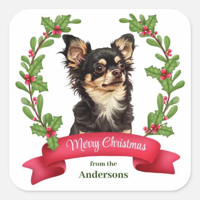 Sticker Carré Holly Banner Black Tan Chihuahua Chien Noël (Devant)
