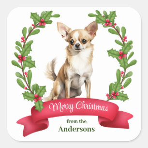 Sticker Carré Holly Banner Brown blanc Chihuahua Chien Noël
