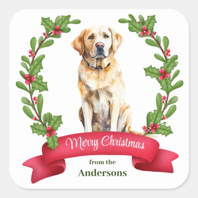 Sticker Carré Holly Banner Jaune Labrador Retriever Noël (Devant)