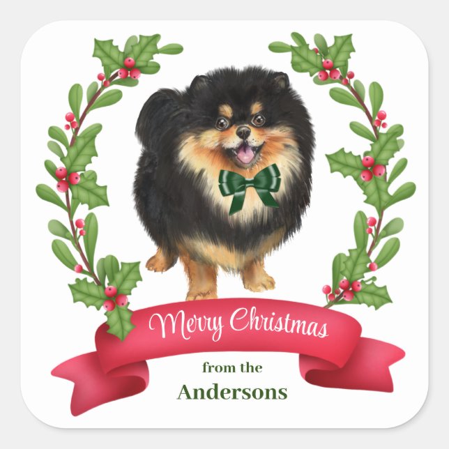 Sticker Carré Holly Banner Noir Tan Pomeranian Noël (Devant)