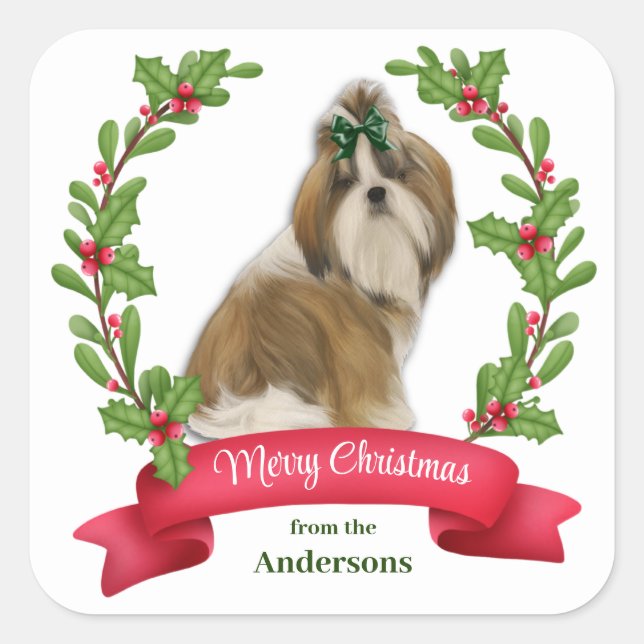Sticker Carré Holly Banner Shih Tzu Chien Noël (Devant)