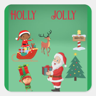 STICKER CARRÉ  HOLLY JOLLY SANTA AND ELVES CHRISTMAS 