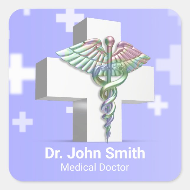 Sticker Carré Holographique Médicale 3D Caduceus Croix blanche (Devant)