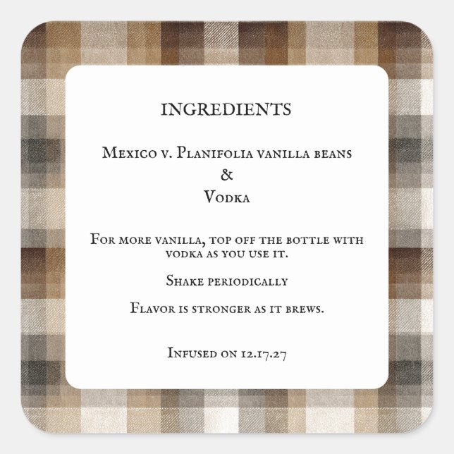 Sticker Carré Homemade Vanilla Extract Bottle Ingredients Labels (Devant)