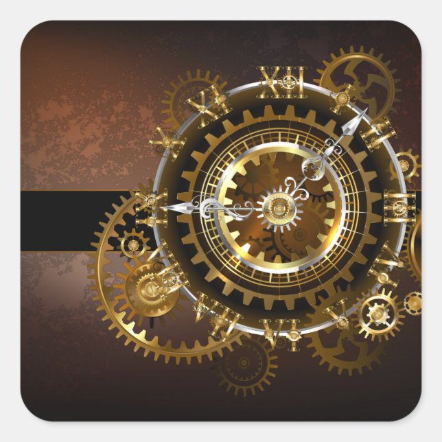 Sticker Carré Horloge Steampunk avec des engrenages anciens (Devant)