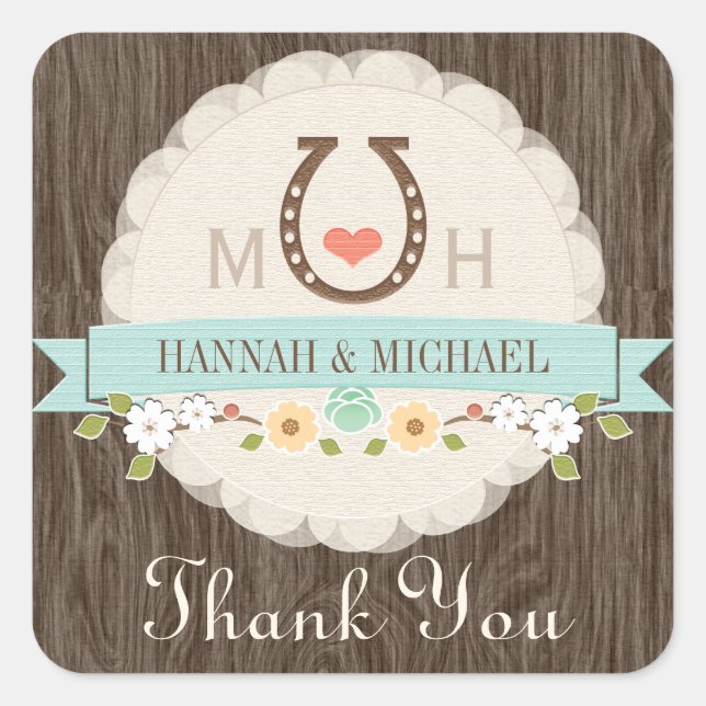 Sticker Carré HORSESHOE turquoise COEUR MERCI MARIAGE OCCIDENTAL (Devant)