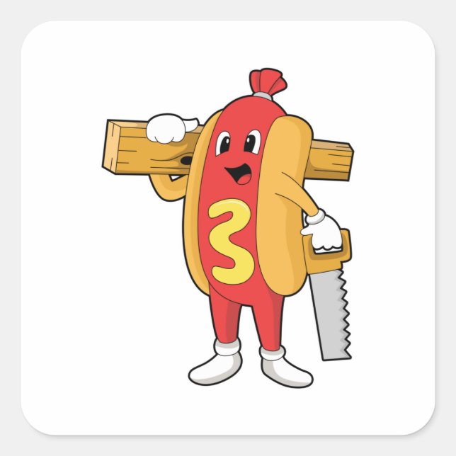 Sticker Carré Hotdog as Carpenter with Saw & Wood (Devant)