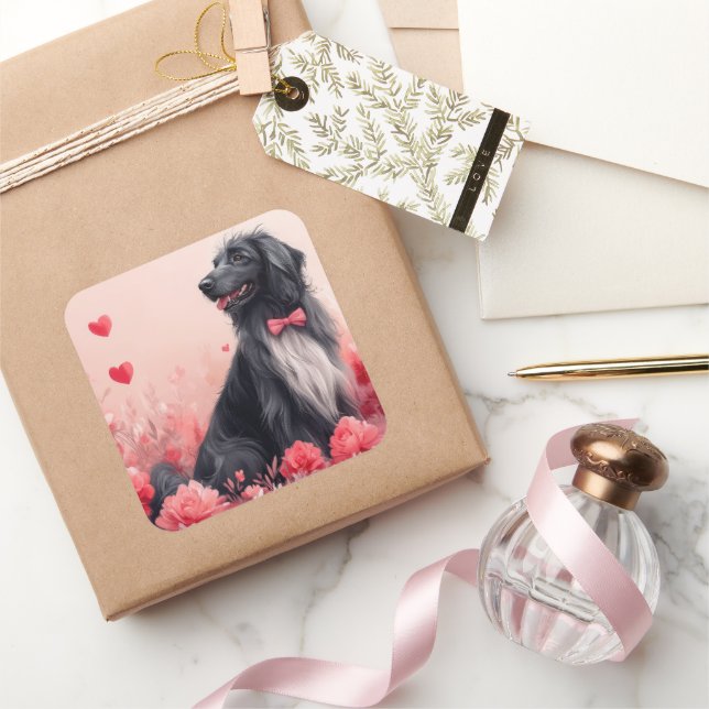 Sticker Carré Hound afghan avec Roses - Saint Valentin (Cadeaux)