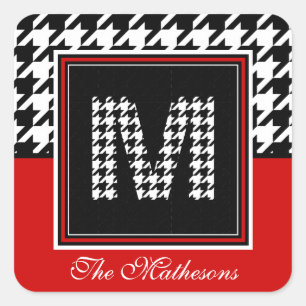 Sticker Carré Houndstooth et monogramme classiques Blanc noir
