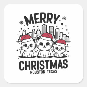 Sticker Carré Houston City Texas Merry Christmas Cats USA