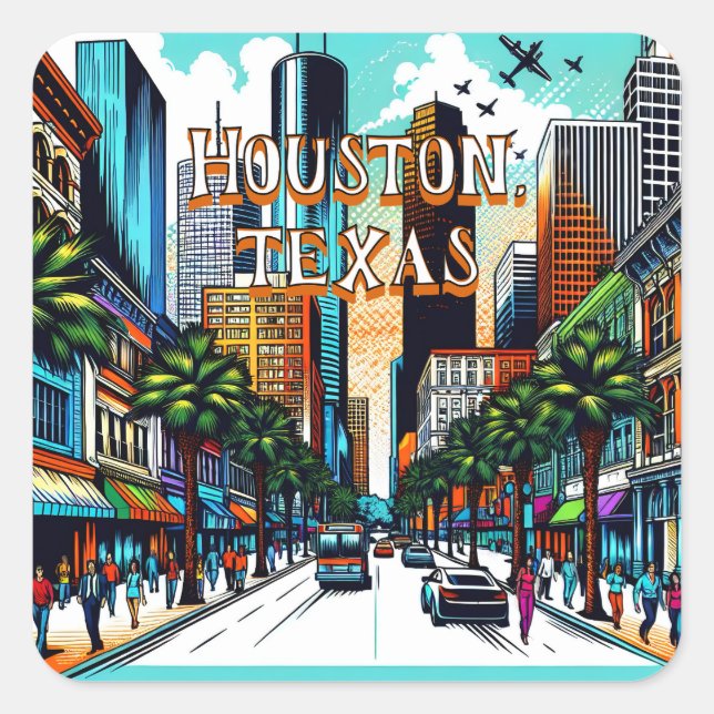 Sticker Carré Houston, Texas Downtown City View Art Abstrait (Devant)