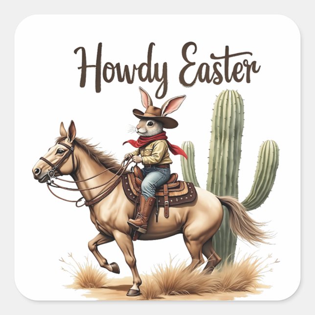 Sticker Carré Howdy Bunny de Pâques chevauchant un Cheval Cowboy (Devant)