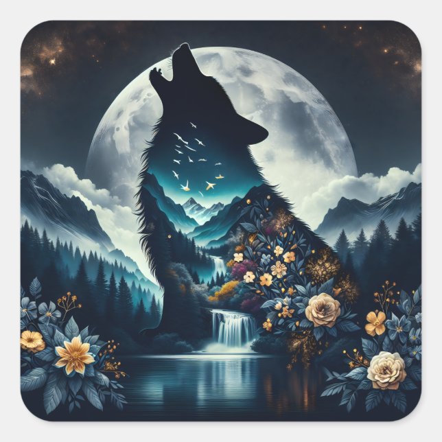 Sticker Carré Howling Wolf | Pleine lune Ai Art (Devant)