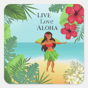 Sticker Carré Hula Girl Live Love Aloha